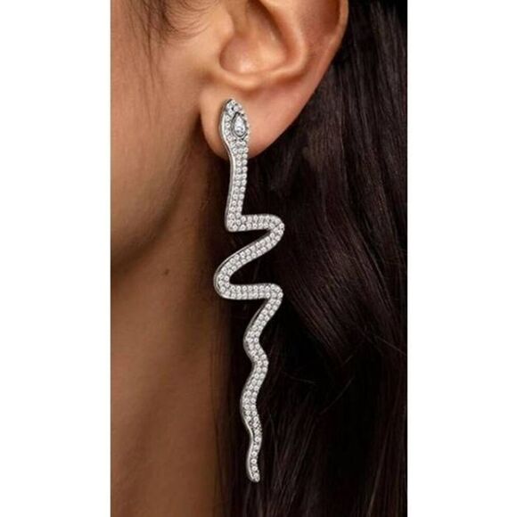 Trendy New Extra Long Silver Rhinestone Snake Design Earrings - Picture 4 of 4
